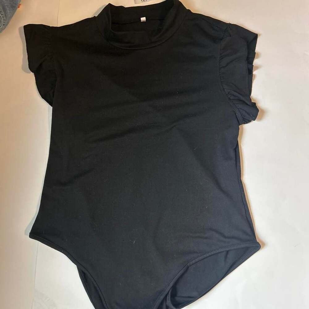Unbranded Black Ruffle Short Sleeve Mock Neck Bodysuit Size 1XL